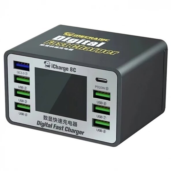 Incarcator Retea Mechanic 8C with Display, 45W, 3A, 7 x USB-A - 1 x USB-C, Negru 