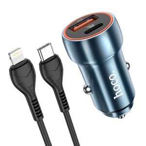 Incarcator Auto Cu Cablu Lightning HOCO Z46A, 20W, 3A, 1 x USB-A - 1 x USB-C, Albastru 