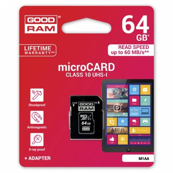 Card Memorie microSDXC GoodRam, 64Gb, Clasa 10 / UHS-1 U1, Cu Adaptor M1AA-0640R12