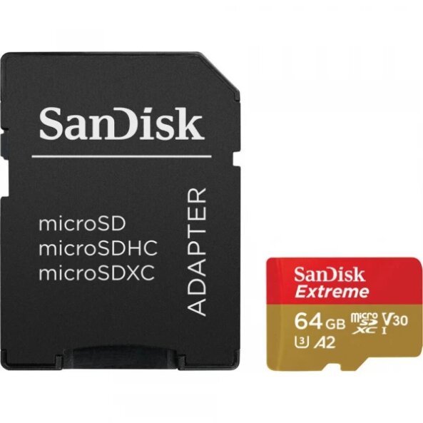 Card Memorie microSDXC SanDisk Extreme, 64Gb, Clasa 10 / UHS-1 U3, Cu Adaptor SDSQXAH-064G-GN6MA 