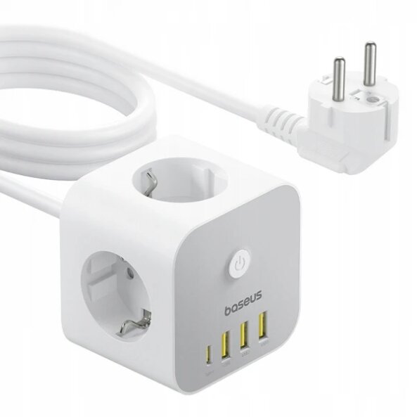 Prelungitor Baseus PowerCombo 7in1, 20W, 3A, 3 x USB-A - 1 x USB-C - 3 x Schuko, Alb E00066401213-00