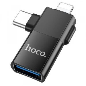 Adaptor OTG USB-C / Lightning - USB-A HOCO UA17, Negru