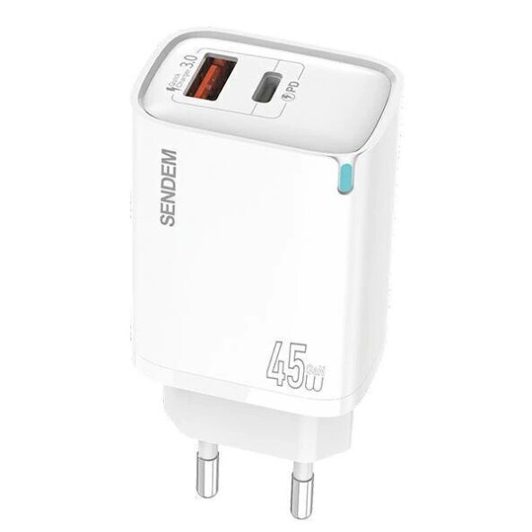 Incarcator Retea Sendem OG63, 45W, 3A, 1 x USB-A - 1 x USB-C, Alb 