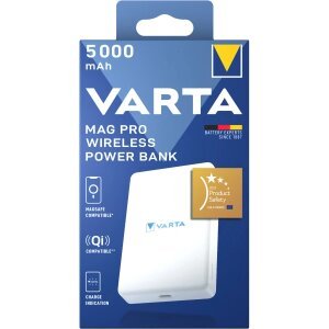 Baterie Externa Wireless Varta Mag Pro, 5000mAh, 12W, 1 x QI - 1 x USB-C, Alba 