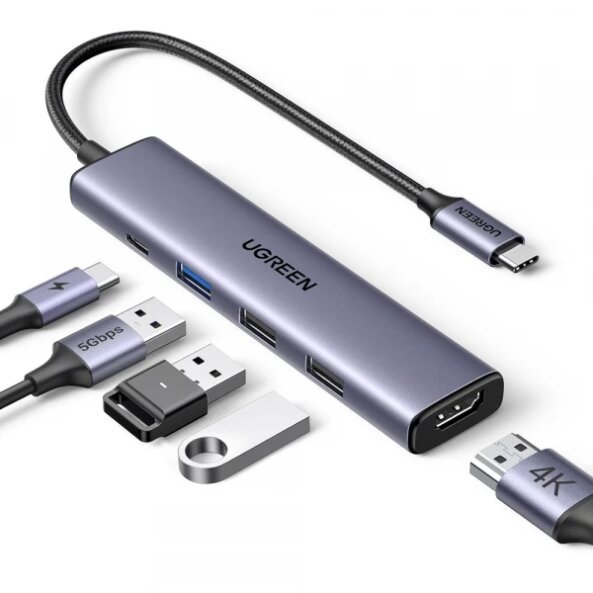 Hub USB-C UGREEN CM478, 1 x USB-A 3.0 - 2 x USB-A - 1 x USB-C - 1 x HDMI, Gri 