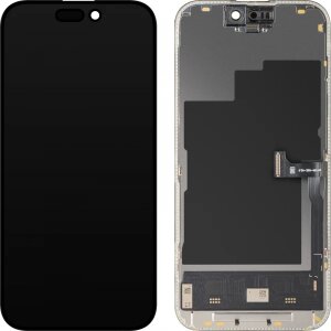 Display cu Touchscreen MP compatibil cu Apple iPhone 15 Pro, cu Rama, Versiune Soft OLED IC Movable 120Hz FHD, Negru 