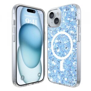 Husa MagSafe pentru Apple iPhone 15 Plus, Techsuit, Sparkly Glitter, Bleu