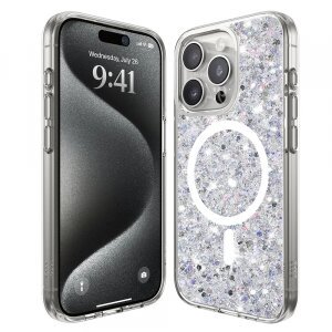 Husa MagSafe pentru Apple iPhone 15 Pro Max, Techsuit, Sparkly Glitter, Alba
