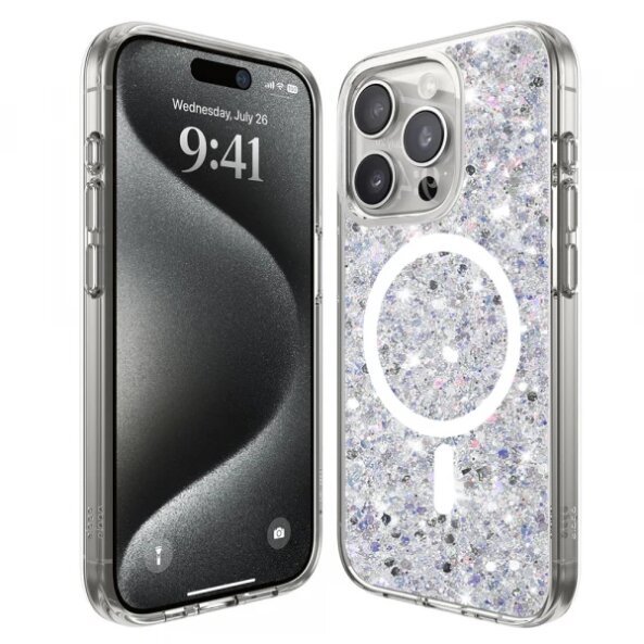 Husa MagSafe pentru Apple iPhone 15 Pro Max, Techsuit, Sparkly Glitter, Alba