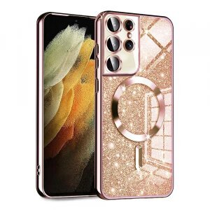 Husa MagSafe pentru Samsung Galaxy S21 Ultra 5G G998, Techsuit, Luxury Glitter, Roz Aurie