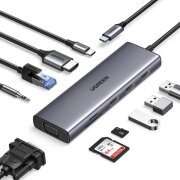 Hub USB-C UGREEN CM498 (15601), 3 x USB-A 3.0 - 1 x USB-C - 1 x HDMI - 1 x VGA - 1 x Jack 3.5mm - 1 x RJ45 - 1 x SD - 1 x microSD, Gri
