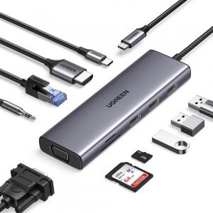 Hub USB-C UGREEN CM498 (15601), 3 x USB-A 3.0 - 1 x USB-C - 1 x HDMI - 1 x VGA - 1 x Jack 3.5mm - 1 x RJ45 - 1 x SD - 1 x microSD, Gri