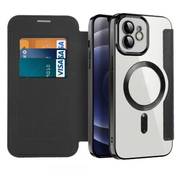 Husa MagSafe pentru Apple iPhone 12, Techsuit, SmartMag Book, Neagra