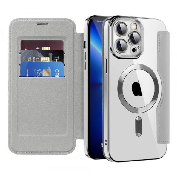 Husa MagSafe pentru Apple iPhone 13 Pro Max, Techsuit, SmartMag Book, Gri