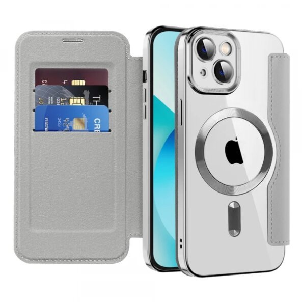 Husa MagSafe pentru Apple iPhone 13, Techsuit, SmartMag Book, Gri