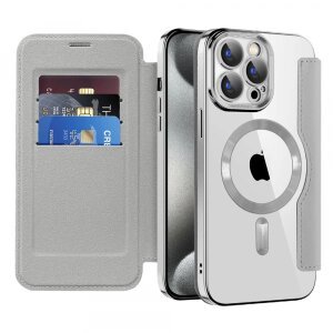 Husa MagSafe pentru Apple iPhone 15 Pro Max, Techsuit, SmartMag Book, Gri