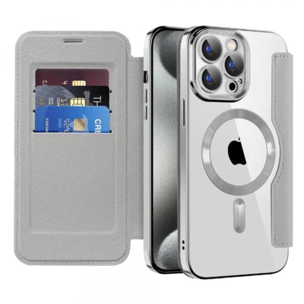 Husa MagSafe pentru Apple iPhone 15 Pro Max, Techsuit, SmartMag Book, Gri