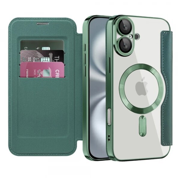 Husa MagSafe pentru Apple iPhone 16 Plus, Techsuit, SmartMag Book, Verde
