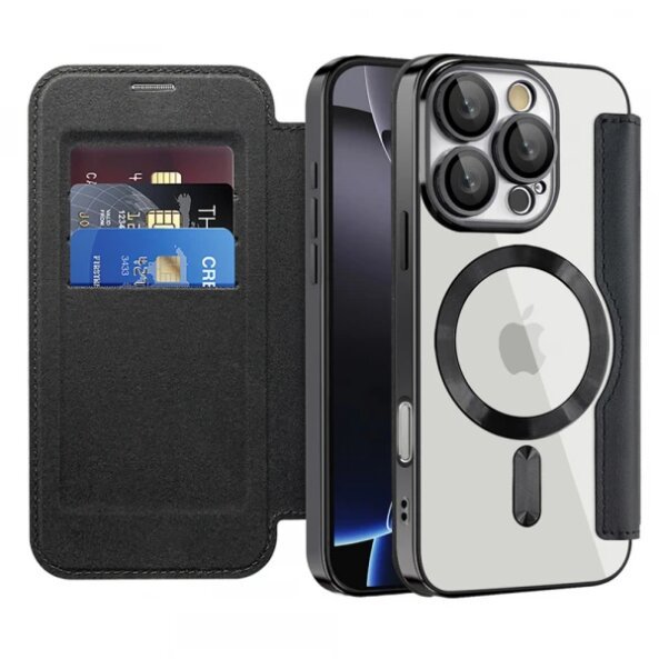 Husa MagSafe pentru Apple iPhone 16 Pro, Techsuit, SmartMag Book, Neagra