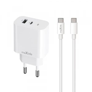 Incarcator Retea Cu Cablu USB-C MaXlife MXTC-06-20AC, 20W, 3A, 1 x USB-A - 1 x USB-C, Alb 