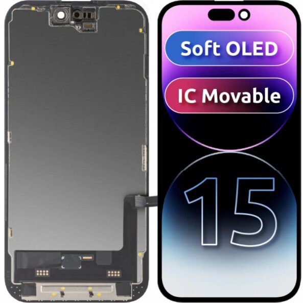 Display cu Touchscreen MP compatibil cu Apple iPhone 15, cu Rama, Versiune Soft OLED IC Movable FHD, Negru 
