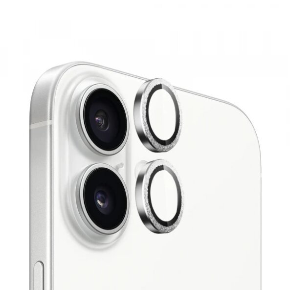 Folie de protectie Camera Spate Blueo Gliiter Diamond Metal Frame pentru Apple iPhone 16 Plus / 16, Sticla securizata, Set 2 bucati, Argintie