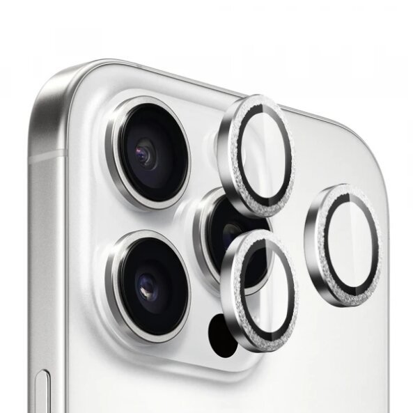 Folie de protectie Camera Spate Blueo Gliiter Diamond Metal Frame pentru Apple iPhone 16 Pro Max / 16 Pro, Sticla securizata, Set 3 bucati, Argintie