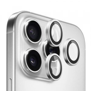 Folie de protectie Camera Spate Blueo Metal Frame pentru Apple iPhone 16 Pro Max / 16 Pro, Sticla securizata, Set 3 bucati, Argintie