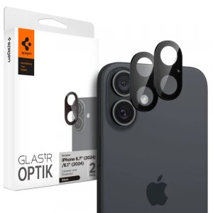 Folie de protectie Camera Spate Spigen GlastR Optik pentru Apple iPhone 16 Plus / 16, Sticla securizata, Set 2 bucati, Neagra