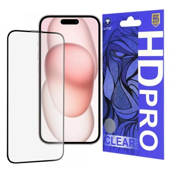 Folie de protectie Ecran Lito HD Pro Clear pentru Apple iPhone 15, Sticla securizata, Full Glue, Neagra