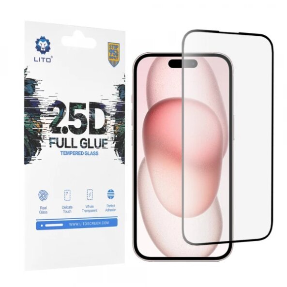 Folie de protectie Ecran Lito pentru Apple iPhone 15, Sticla securizata, Full Glue, 2.5D, Neagra
