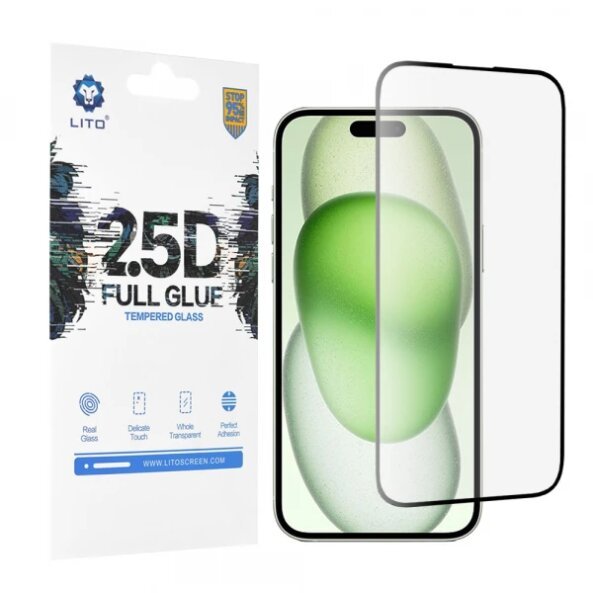 Folie de protectie Ecran Lito pentru Apple iPhone 15 Plus, Sticla Securizata, Full Glue, 2.5D, Neagra