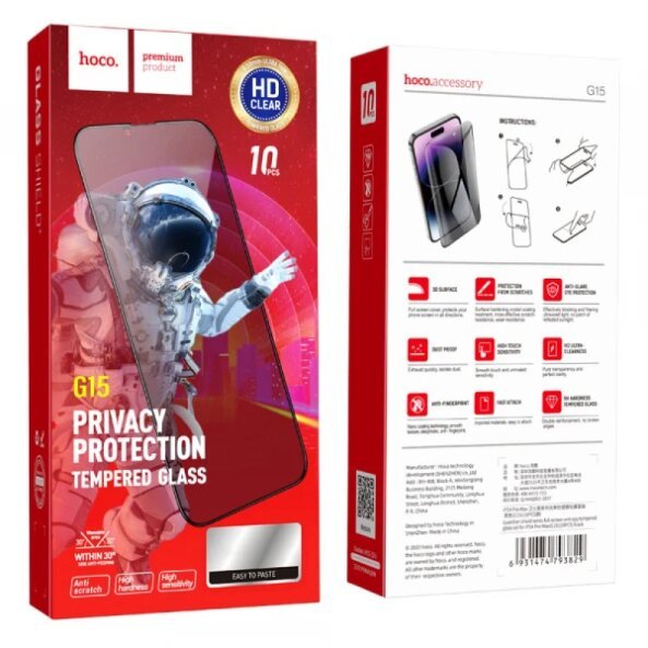 Folie de protectie Ecran Privacy HOCO G15 pentru Apple iPhone 14 Pro Max, Sticla Securizata, Full Glue, Set 10 bucati, 5D 