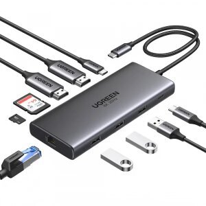 Hub USB-C UGREEN Revodok Pro 210 CM639, 1 x USB-A 3.0 - 2 x USB-A - 2 x USB-C - 2 x HDMI - 1 x RJ45 - 1 x SD - 1 x microSD, Gri 