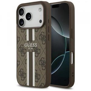 Husa MagSafe pentru Apple iPhone 17 Pro, Guess, 4G Printed Stripes, Maro
