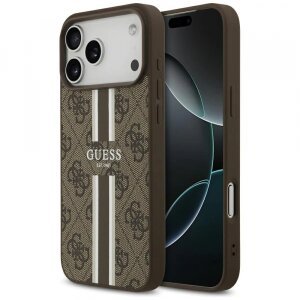 Husa MagSafe pentru Apple iPhone 17 Pro Max, Guess, 4G Printed Stripes, Maro