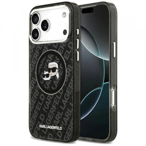 Husa MagSafe pentru Apple iPhone 17 Pro Max, Karl Lagerfeld, Glitter Karl&amp;Choupette Head, Neagra