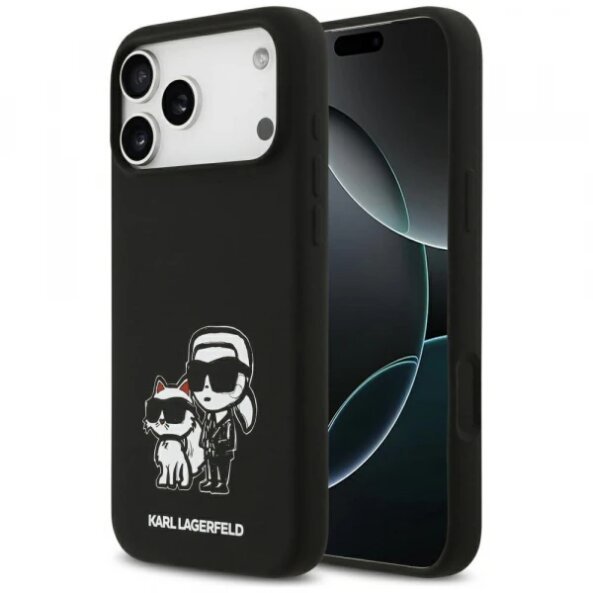 Husa pentru Apple iPhone 17 Pro Max, Karl Lagerfeld, Sketch &amp; Logo Karl&amp;Choupette, Neagra