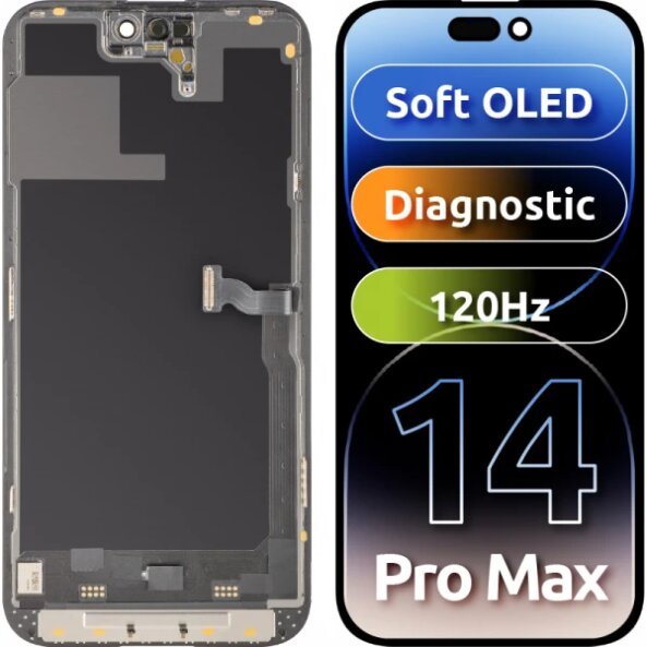 Display cu Touchscreen MP compatibil cu Apple iPhone 14 Pro Max, cu Rama, Versiune Soft OLED 120Hz FHD Diagnostic, Negru, Swap 