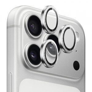 Folie de protectie Camera Spate Blueo Glitter Diamond Metal Frame pentru Apple iPhone 17 Pro Max / 17 Pro, Sticla Securizata, Argintie