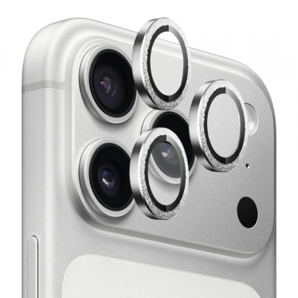 Folie de protectie Camera Spate Blueo Glitter Diamond Metal Frame pentru Apple iPhone 17 Pro Max / 17 Pro, Sticla Securizata, Argintie