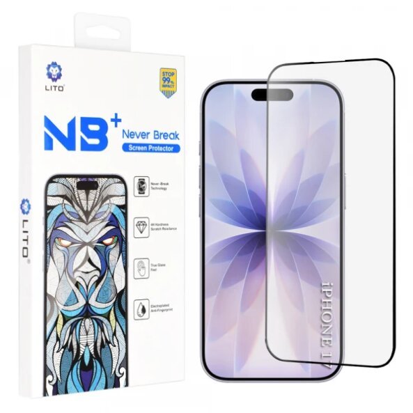 Folie de protectie Ecran Lito NB pentru Apple iPhone 17 / 16 Pro, Sticla Securizata, Full Glue, Neagra