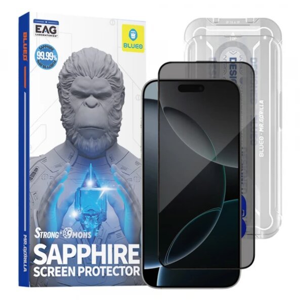 Folie de protectie Ecran Privacy Blueo Sapphire Applicator Pro pentru Apple iPhone 17 Pro / 17 / 16 Pro, Sticla Securizata, Full Glue