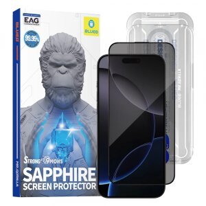 Folie de protectie Ecran Privacy Blueo Sapphire Applicator Pro pentru Apple iPhone 17 Pro Max / 16 Pro Max, Sticla Securizata, Full Glue