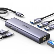 Hub USB-C UGREEN CM512 (15598), 3 x USB-A 3.0 - 1 x USB-C - 1 x HDMI - 1 x RJ45, Gri 