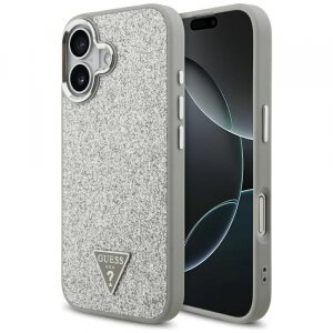 Husa MagSafe pentru Apple iPhone 17, Guess, Glitter Triangle Logo, Argintie