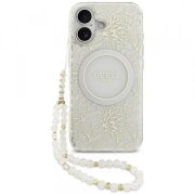 Husa MagSafe pentru Apple iPhone 17, Guess, IML Flowers with Pearl Strap, Alba