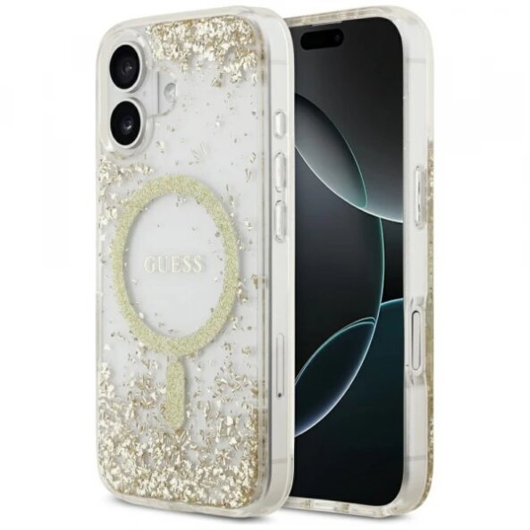 Husa MagSafe pentru Apple iPhone 17, Guess, Resin Bottom Glitter, Aurie