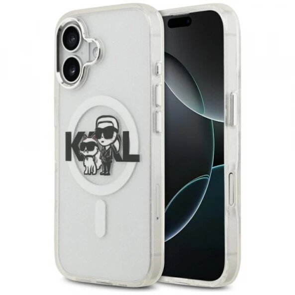 Husa MagSafe pentru Apple iPhone 17, Karl Lagerfeld, IML Sketch Logo Glitter Karl &amp; Choupette , Transparenta