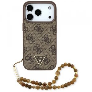 Husa MagSafe pentru Apple iPhone 17 Pro, Guess, 4G Triangle Logo with Pearl Strap, Maro